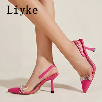 Liyke/ Елегантни Вечерни обувки на Босоножках за Бала, дамски Обувки-лодка на висок ток с Остър Пръсти и кристали, без Закопчалка Отзад, с каишка и катарама