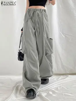 ZANZEA Градинска дрехи, модни панталони-карго, дамски ежедневни свободни Панталони с широки джобове, обикновен панталон с висока талия и завязками