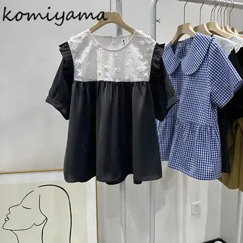 Komiyama, хитовые цветни ризи с волани, Блузи, 3d Цветя Blusas Mujer, Свободна Риза с кръгло деколте, Потник 2023, Лятна сладък дрехи за жени