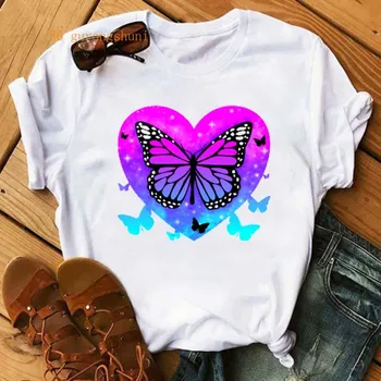 Нови Тениски с образа на Пеперудите и на Сърцето, Женска Тениска В Корейски Стил на Tumblr, Естетичен Летен Топ с Къс Ръкав, Тениски, Дрехи Femme