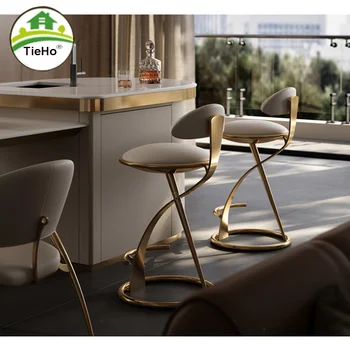 Нов луксозен кожен бар стол с волочением Тел, италиански Домакински златен Стол, модерен минималистичен Стол За почивка, Мебели за дома