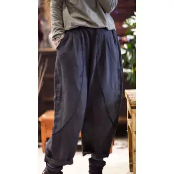 Дамски пролетно-есенни ленени панталони в стил мозайка, дамски ленени панталони с еластичен ластик на талията, женски реколта панталони 2022 г.
