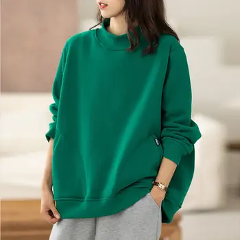 Пуловер памук с високо воротом за жени за есента и зимата, новата корейска версия, модерен топ с безплатен джоб и дълъг ръкав