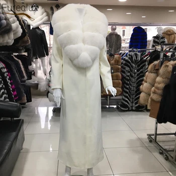 Дамско палто от естествена кожа FUREALUX, вълна палто с голяма яка от лисьего кожа, луксозна универсална връхни дрехи по поръчка