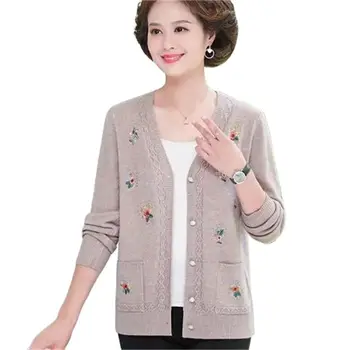 Чисто нов пролетно-есенен женски трико с V-образно деколте за средна и напреднала възраст, жилетка, пуловер, яке за мама, една тънка риза с дълъг ръкав