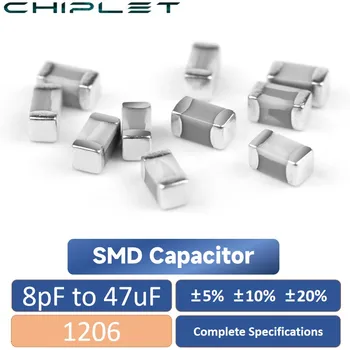 100шт 1206 Чип-кондензатори SMD от 8 до 47 icf Позволява настройка ± 5% ± 10% ± 20% Керамични 1 icf 2,2 icf 10nF 47nF 68nF 470nF 680pF