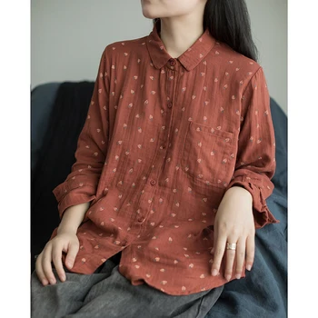 Риза от памучна прежда с винтажным плодов принтом и отложным яка, Блуза с дълъг ръкав