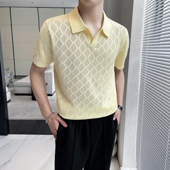 Мъжки приталенная трикотажная риза с къси ръкави, с V-образно деколте и ревера Мъжка Риза за голф с къс ръкав, Тениска Homme, Camiseta Masculina