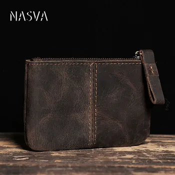 NASVA Crazy Horse Кожен мъжки портфейл, ретро чанта, мини-калъф с цип с къс цепка, лесен за употреба за карти, ежедневни малка чанта