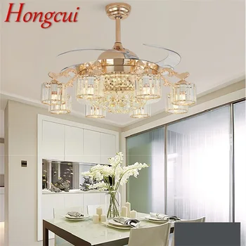 Вентилатор на тавана Hongcui, луксозни кристални лампа с дистанционно управление без нож, съвременно златно за домашна трапезария