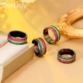 QooLady Отлично качество, кръгъл пръстен с микроцветным кубическим цирконием, черно бъде позлатен пръстен за жени, модни годежни пръстени, бижута F095