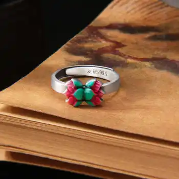 Пръстен с цветен Lotus, покрит с емайл TR, Женски фарфоровое луксозно регулируем пръстен с емайл с фигури покритие в стил ретро с Lotus