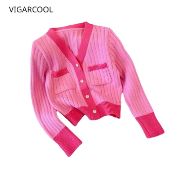 2023 Пролет и есен, нов розов контрастен пуловер с V-образно деколте, лек пуловер с дълъг ръкав, вязаный жилетка, френски универсален монтиране топ за междуградски пътувания