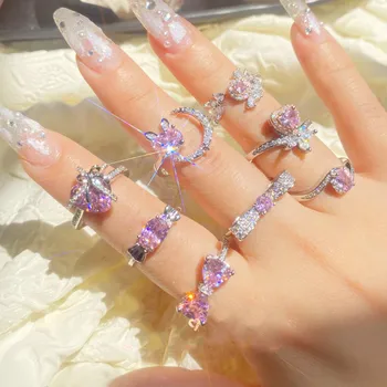 8 Стилни блестящи Розови пръстени с циркониевым камък, Женски отворен пръстен с марка 925 проба, Елегантни кристални Пръстени за Жени, Сватбен Подарък за младоженци