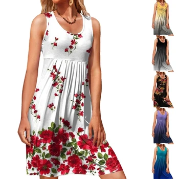 Дамски летни рокли без ръкави с цветен принтом и кръгло деколте рокля с трапецовидна форма, с висока талия