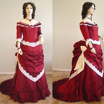 Викторианска рокля за суетата на 1860-те години, вампирское готическата червена рокля, рокля на кралица, Маскарадная Облекло за реконструкция, бална рокля с открити рамене