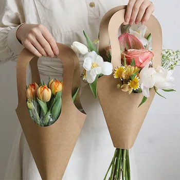 Ръчно договореност Хартиена опаковка Крафт-чанта за носене Кошници за цветя, Опаковане на Подаръци хипстерский Букет Цветя материал Чанта за цветя