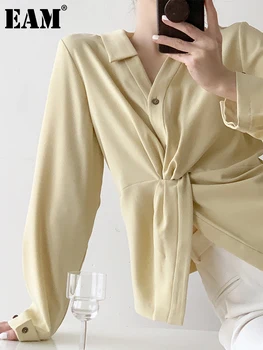 [ИАЛ] Дамска Елегантна Блуза с Голям Размер с Възел цвят Шампанско, Нова Риза Свободно Намаляване С Дълъг Ръкав И Ревера, Модерен Прилив, Пролет-Есен 2023 1DE7379