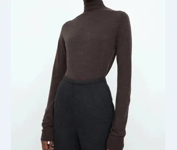 Жена пуловер 2020, нова есенно-зимния вълнен пуловер с висока воротом, тъмно кафява долна риза с дълги ръкави