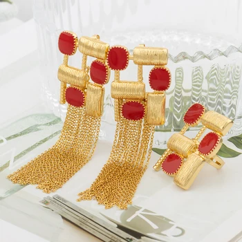 Богемные нови модни обици с червен цирконий Комплект пръстени Дубай Реколтата, бижута златен цвят на Дамски бижута за булката Подаръци за сватбени партита