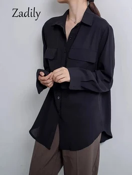 Zadily 2023, пролетно минималистичная дамска черна риза с дълъг ръкав в корейски стил, дамска блуза с по-голям джоб на копчета, най дрехи