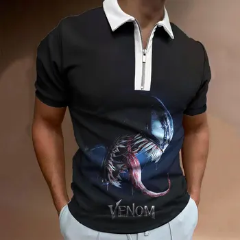 2023, Новата модерна мъжка риза с къси ръкави, лятно мъжко поло с цип с къс ръкав, Venom, 3D принт, готини тениски за мъжки дрехи