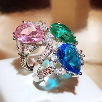 Блестящо женски пръстен с цирконий във формата на капка вода, Ново розово, зелено синьо годежен пръстен на булката, Висококачествено регулируемо пръстен за двойки