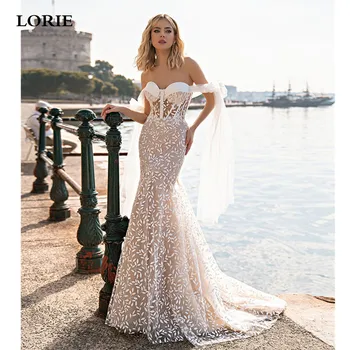 LORIE Дантелени сватбени рокли цвят шампанско с лъкове и апликации, сватбени рокли, плажни деколте във формата на сърце, сватбени рокли за партита 2023