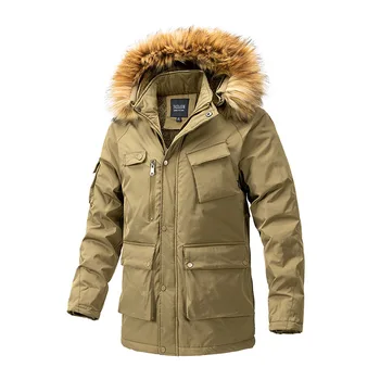 Зимно яке с много джобове, мъжки плюшен памучен парк, шапка, подвижни работни якета-карго, мъжки дрехи, обикновен плътен топло палто
