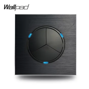 Wallpad L6, сатен черен метал, 3 банда, 2-лентов, с монтиран на стената лампа, ключ ключ с произволно натискане на алуминиева табела със син led индикатор