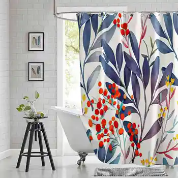 Бохо-шик тропически сини Бежово на Цветя и листа, Завеси за душ в банята, водоустойчив завеса за баня от полиестер с куки