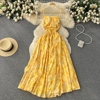 Винтажное плиссированное рокля-комбинация с флорални принтом рокля с трапецовидна форма, луксозно лятото на корейското плажна рокля, женски сарафан за почивка