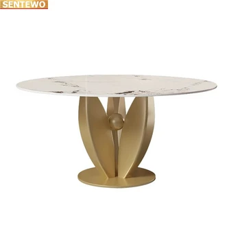 Луксозен дизайнерски маса за хранене с кръгла маса от мраморни плочи и 6 стола de mesa jantar табло и мебели от неръждаема стомана със златни основа