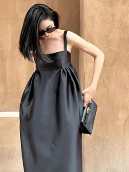 Секси черна рокля Макси без ръкави, однотонное лятна рокля с отворен гръб, Ретро нежен френски стил, прости монтиране на класически Vestido Feminino