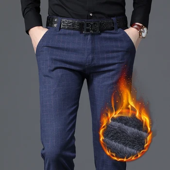 Флисовые панталони мъжки зимни нови дебели директни стрейчевые каре модерни ежедневни бизнес панталони мъжки марка дрехи синьо Черен