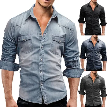 2023 нова мъжки приталенная ежедневни риза с дълъг ръкав винтажного на европейския размер, лесна деним риза с дълъг ръкав за мъже