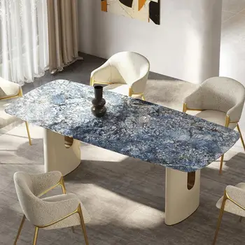 Правоъгълна маса за хранене със синя шарка, плот от камък, панел, Устойчива рамка маса, кръгла ъгъл, Луксозни трапезни комплекти Muebles