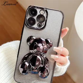 Сладки мультяшные калъфи за телефони с 3D мечка за iPhone 11 12 13 14 Pro Max 14 Plus, луксозна лъскава прозрачна силиконова делото