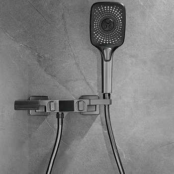 Интелигентен дигитален дисплей душ кабина комплект за баня, месинг стенен смесител за топла и студена вода от водопада, сив смесител за душ