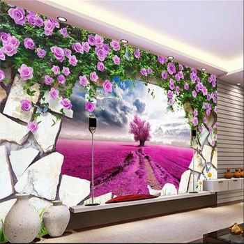 beibehang 3d декорация на дома, Потребителски 3D тапети Фон стенописи Прованс мечтателна лавандула красиви тапети фиолетоворозовые
