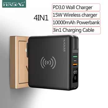 FERISING 10000 ма 15 W Безжичен захранване + PD Бързо зареждане на Type-C USB C QC3.0 Power Bank за iPhone Samsung Xiaomi Зарядно устройство