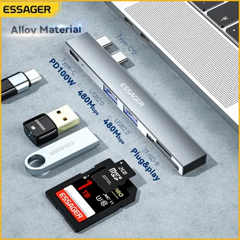 Essager USB Type-C Hub 5 В 1, Адаптер за зареждане на PD 100 W, Двойна Hub Type-C 2 * USB 2.0 SD TF-media reader За MacBook Pro/Air 2018-2020