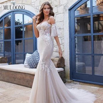 MULOONG, Елегантна сватбена рокля на Русалка с открити рамене, дълги до пода, с влак, Vestidos De Новия