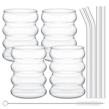 4 бр., креативни стъклени чаши, прекрасна реколта чаши във формата на вълни, Оребрена прибори с соломинками, Комплект за кухня, кафе, сок