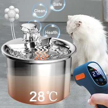 Термостатичен чешма за вода за котки с автоматичен сензор 28 ℃, диспенсер за вода за домашни любимци, фонтан за котки и кучета с филтри, пияч за котки от неръждаема стомана