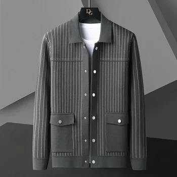 Висококачествена мъжка жилетка с ревери, пуловер, модерен бизнес ежедневното универсално вязаное палто на ивици, на новост на пролетта и есента 2023
