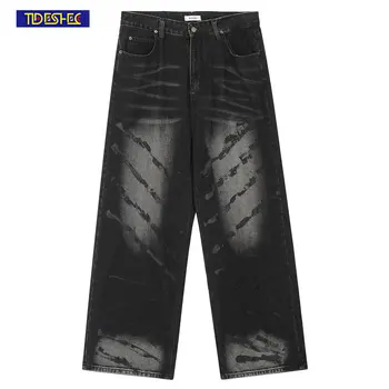 Реколта свободни широки панталони в стил мозайка, градинска дрехи, дънкови панталони оверсайз в стил хип-хоп, черни ежедневни мъжки дънкови панталони с директен измиване