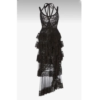2023 Готическа черно дантелено секси рокля трапецовидна форма с тънки спагети презрамки от пластове тюл, сватбена рокля за църковния бала, пола, за бала на поръчка