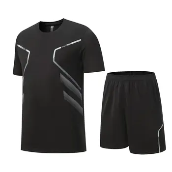 Лятна мъжки ежедневни облекла, черна тениска, къси панталони, спортен костюм от 2 теми, бързосъхнеща дишаща тениска за бягане и фитнес с кръгло деколте 5XL