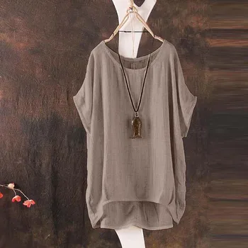Дамска Блуза Прилеп с къс ръкав от памук и лен, ежедневна блуза с тънка цепка, Монофонични Свободен пуловер с кръгло деколте в голям размер, блузы